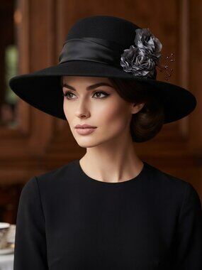 August Accessories Fine Millinery Black Wool Wide Brim Flower Event Hat